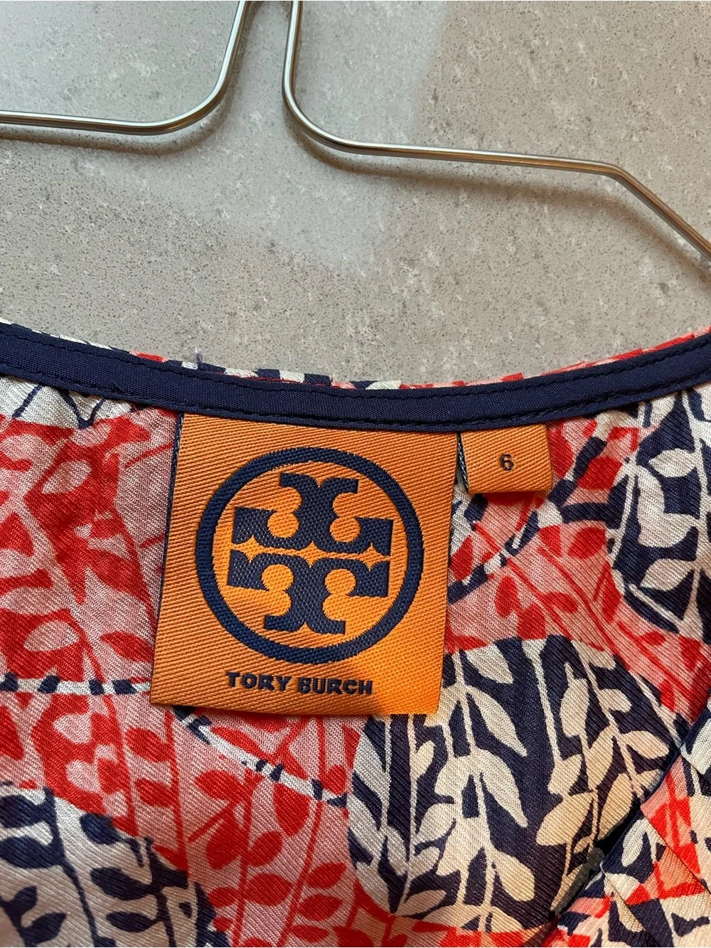 Tory Burch Coral and Navy Leaf-Print Ruffle Sleeveless Top